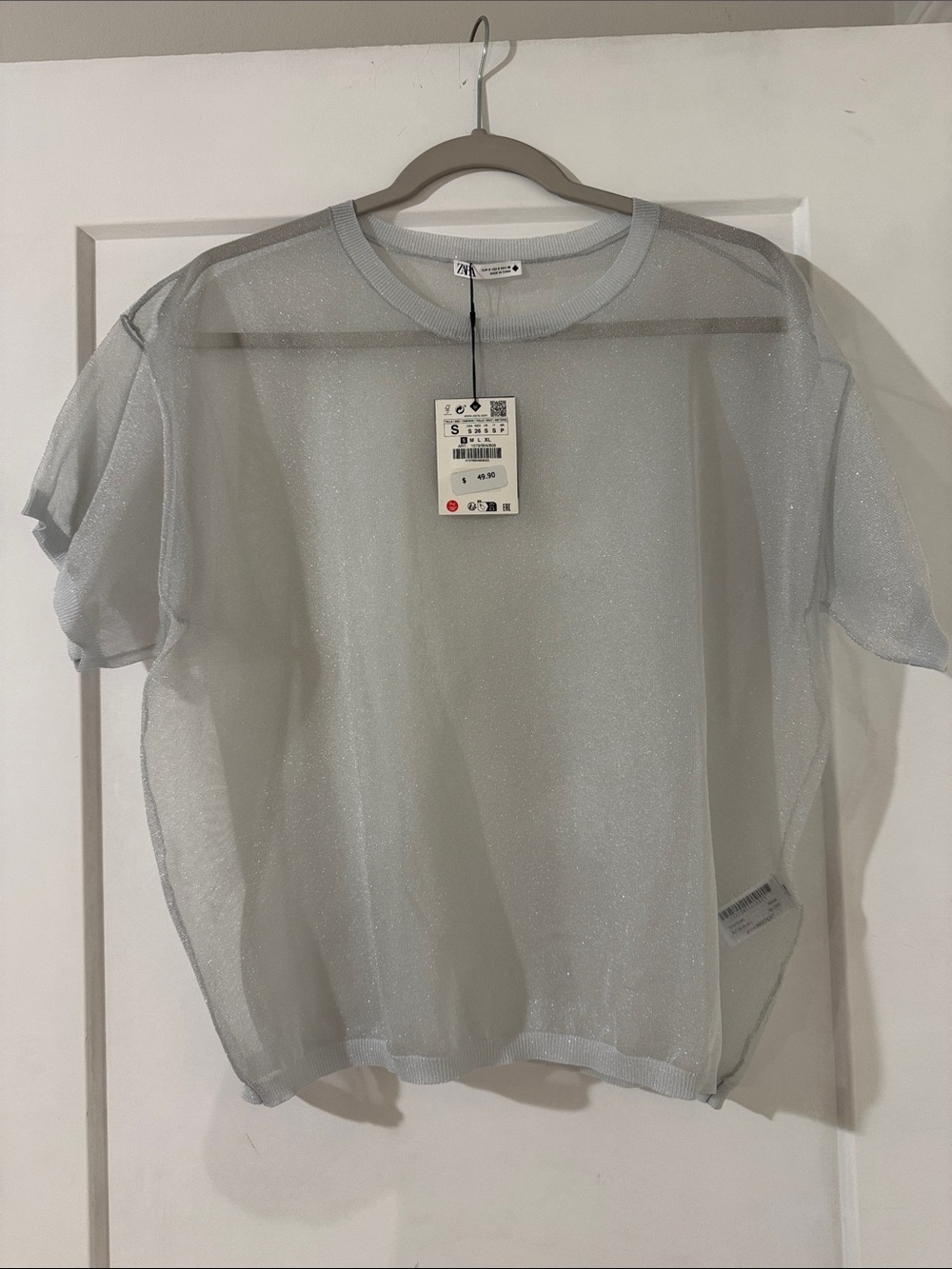 Zara Women’s Sheer Short-Sleeve Knit Top - Silver Sparkle